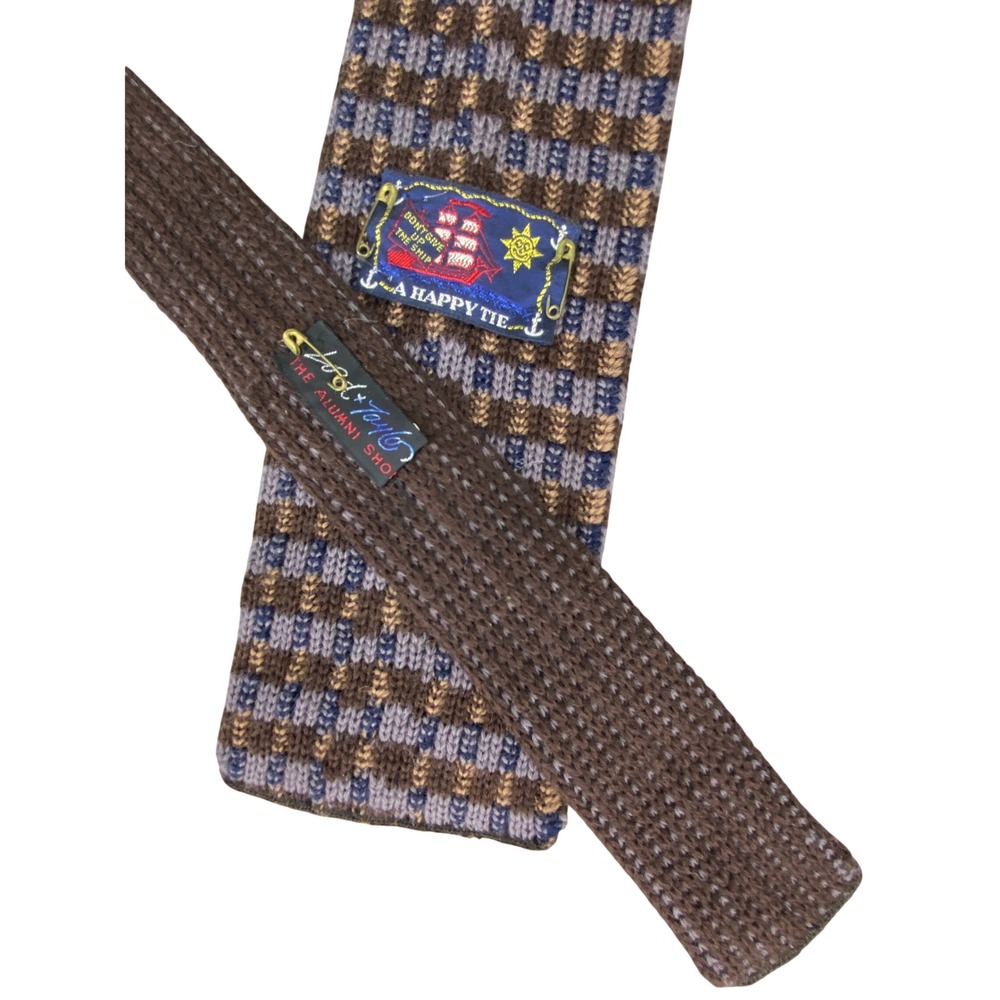 VTG Lord & Taylor Knit Tie Mens A Happy Tie Wool Plaid Brown Blue Flat 51x3.5